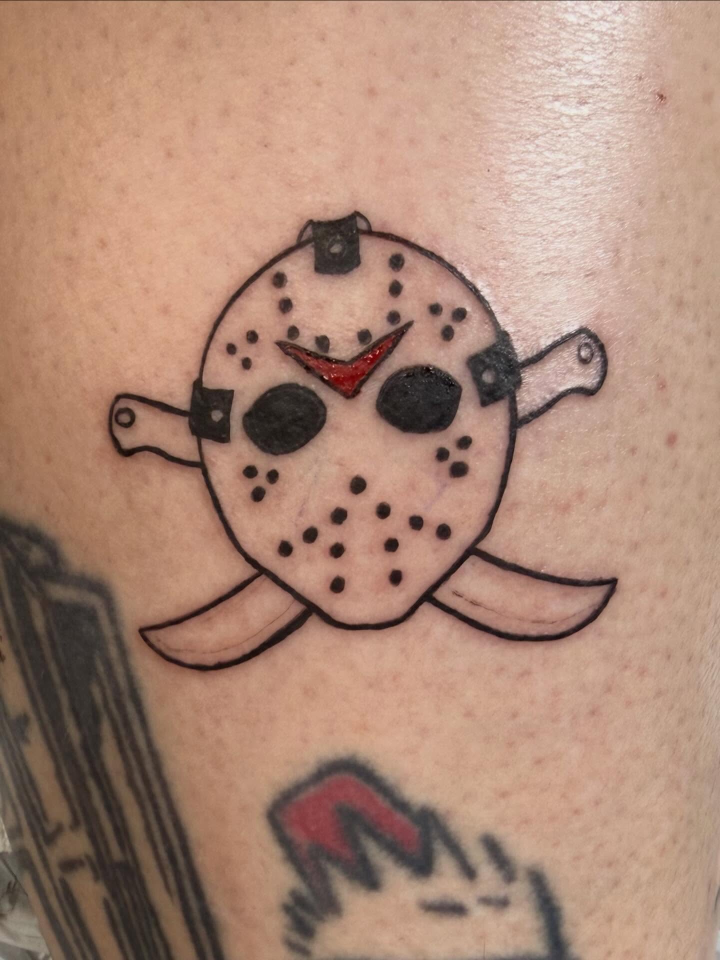 Thanks to @pdankstattoos and @bayoucitytattoos for the great piece of Mrs Voorhees baby boy on this #fridaythe13th #fridaythe13thtattoo